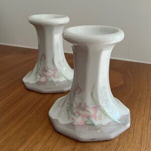 VINTAGE Set of 2 Ceramic Tapered Candlestick Holders Pink Iris Made Japan Retro